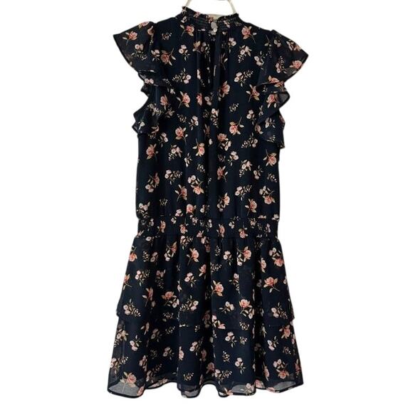 1.STATE Navy Floral Ruffle Mini Dress XS Smocked Waist Layered Hem - Picture 3 of 13
